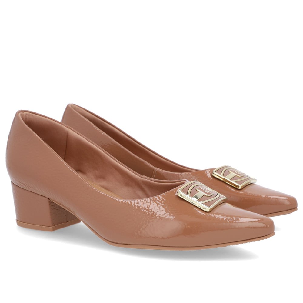 Scarpin Bico Fino Verniz Marrom Salto Bloco Enfeite Marrom 2