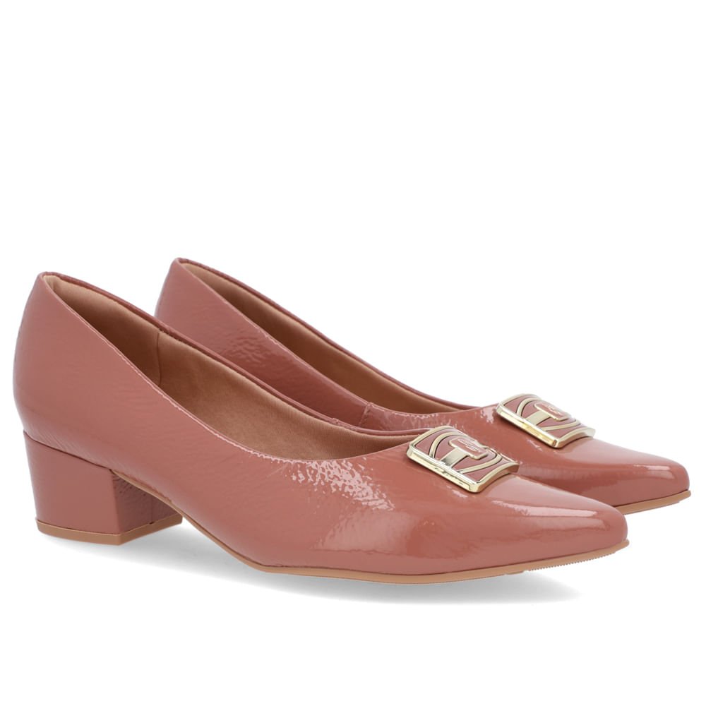 Scarpin Bico Fino Verniz Rosa Salto Bloco Enfeite Marrom 2