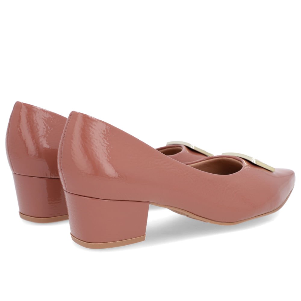 Scarpin Bico Fino Verniz Rosa Salto Bloco Enfeite Marrom 3