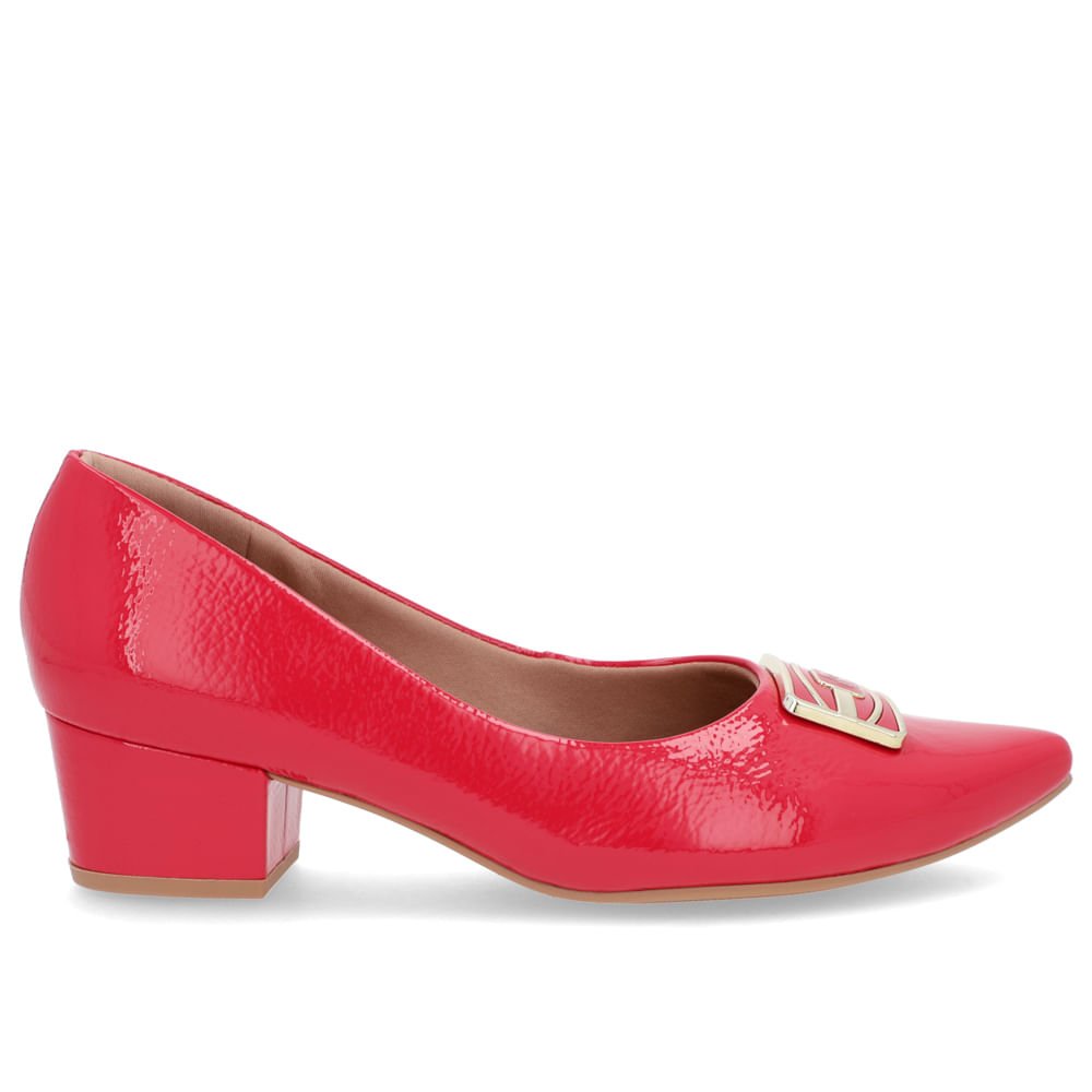 Scarpin Bico Fino Verniz Vermelho Salto Bloco Enfeite Vermelho 1