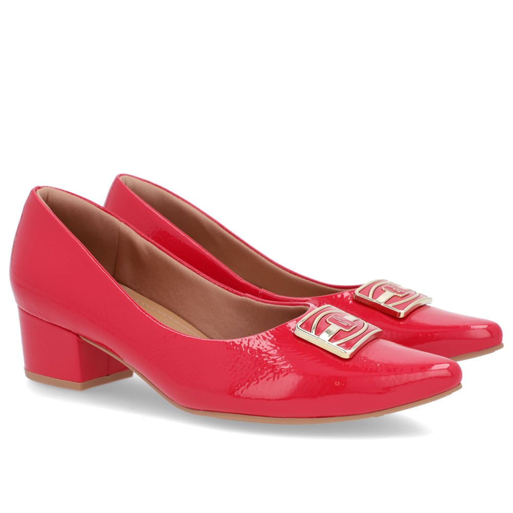 Scarpin Bico Fino Verniz Vermelho Salto Bloco Enfeite Vermelho 2