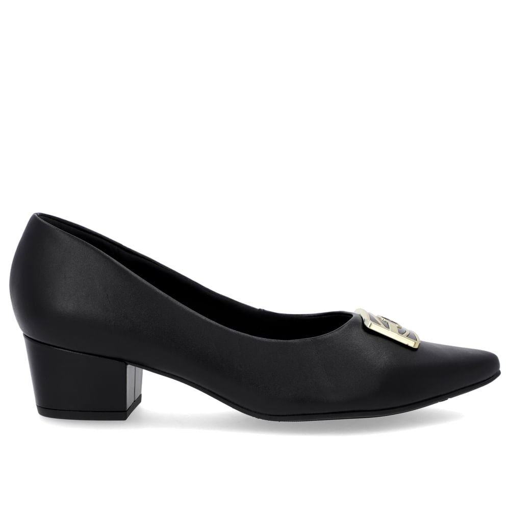 Scarpin Bico Fino Couro Preto Salto Bloco Enfeite
