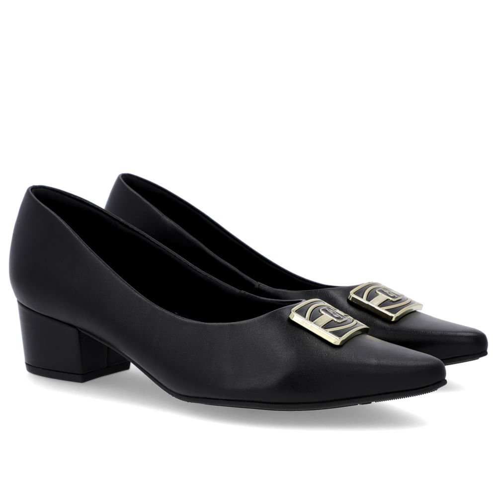Scarpin Bico Fino Couro Preto Salto Bloco Enfeite Preto 2