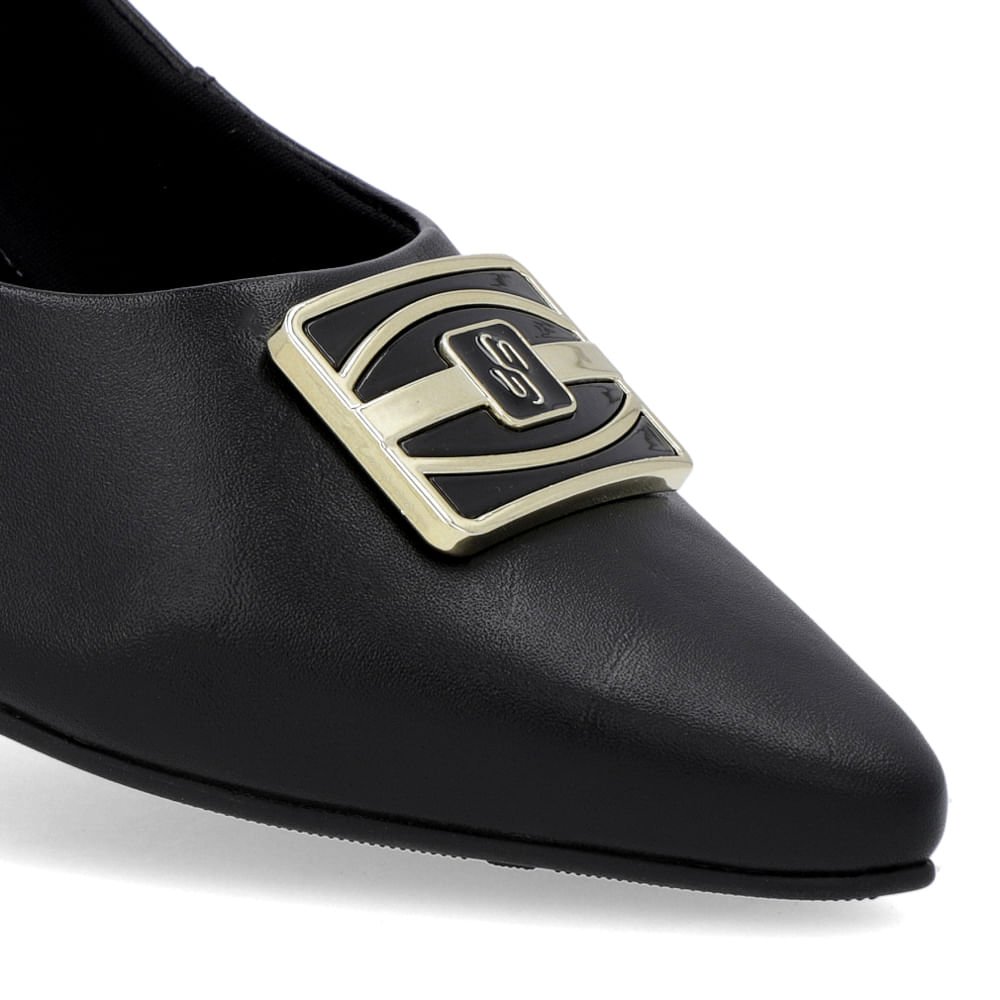 Scarpin Bico Fino Couro Preto Salto Bloco Enfeite Preto 4