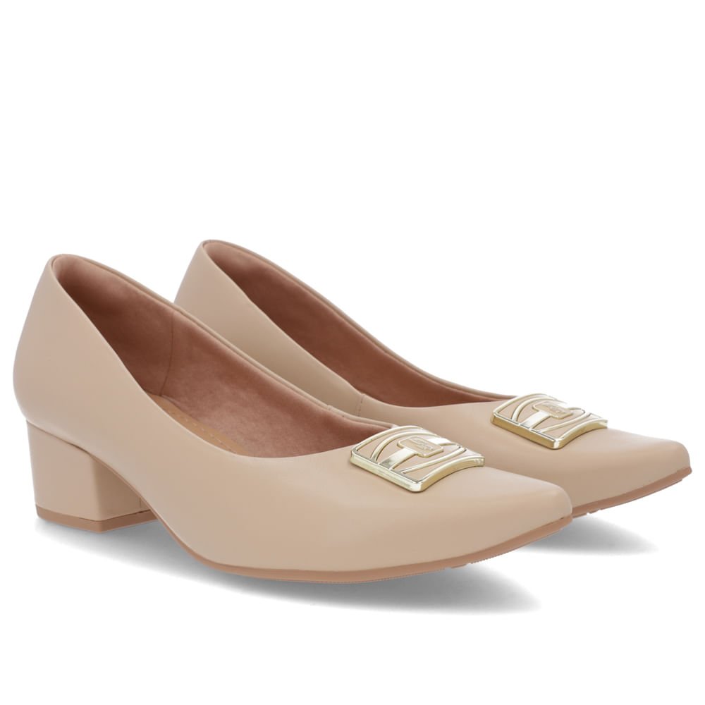 Scarpin Bico Fino Couro Bege Salto Bloco Enfeite Bege 2