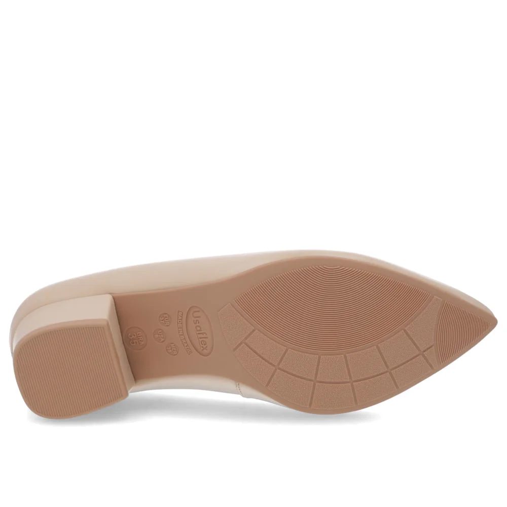 Scarpin Bico Fino Couro Bege Salto Bloco Enfeite Bege 5