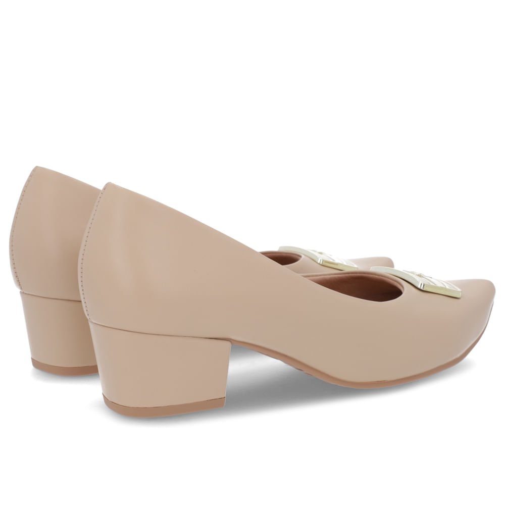 Scarpin Bico Fino Couro Bege Salto Bloco Enfeite Bege 3