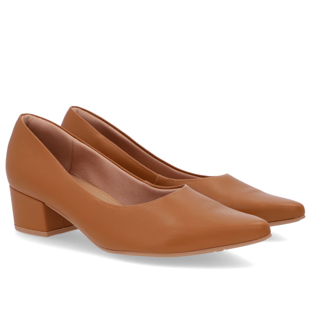 Scarpin Bico Fino Couro Marrom Salto Bloco Marrom 2