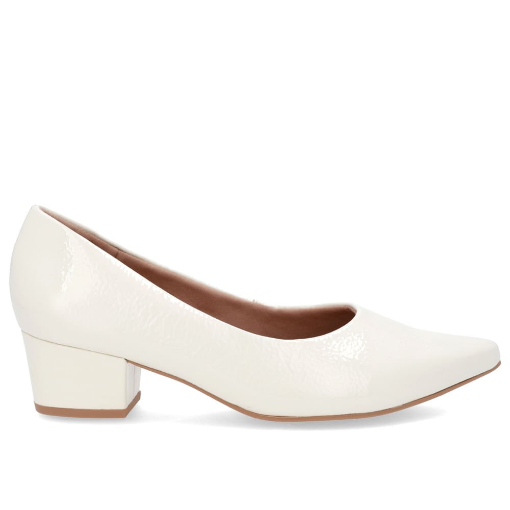 Scarpin Bico Fino Verniz Branco Salto Bloco