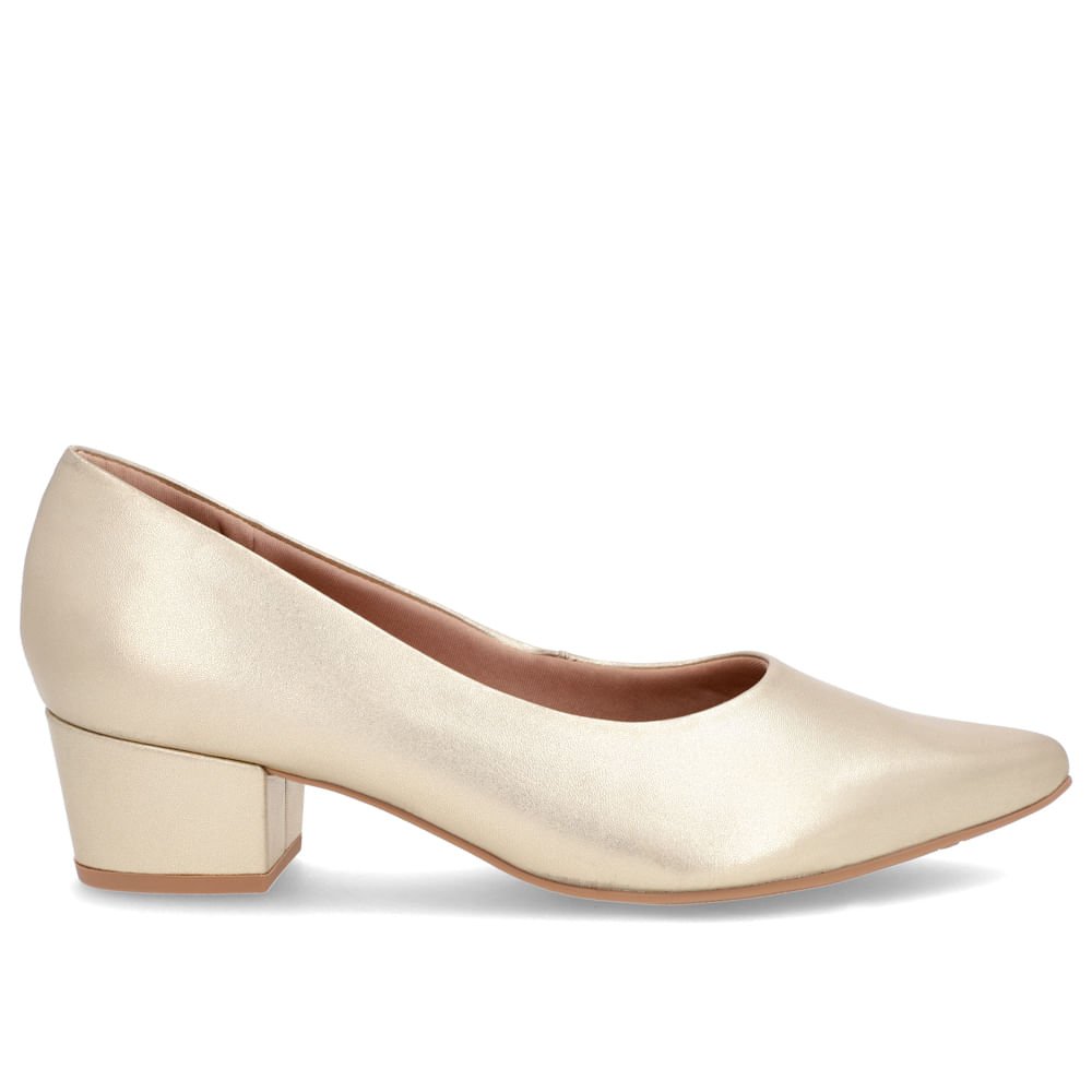 Scarpin Bico Fino Couro Metalizado Salto Bloco Dourado 1