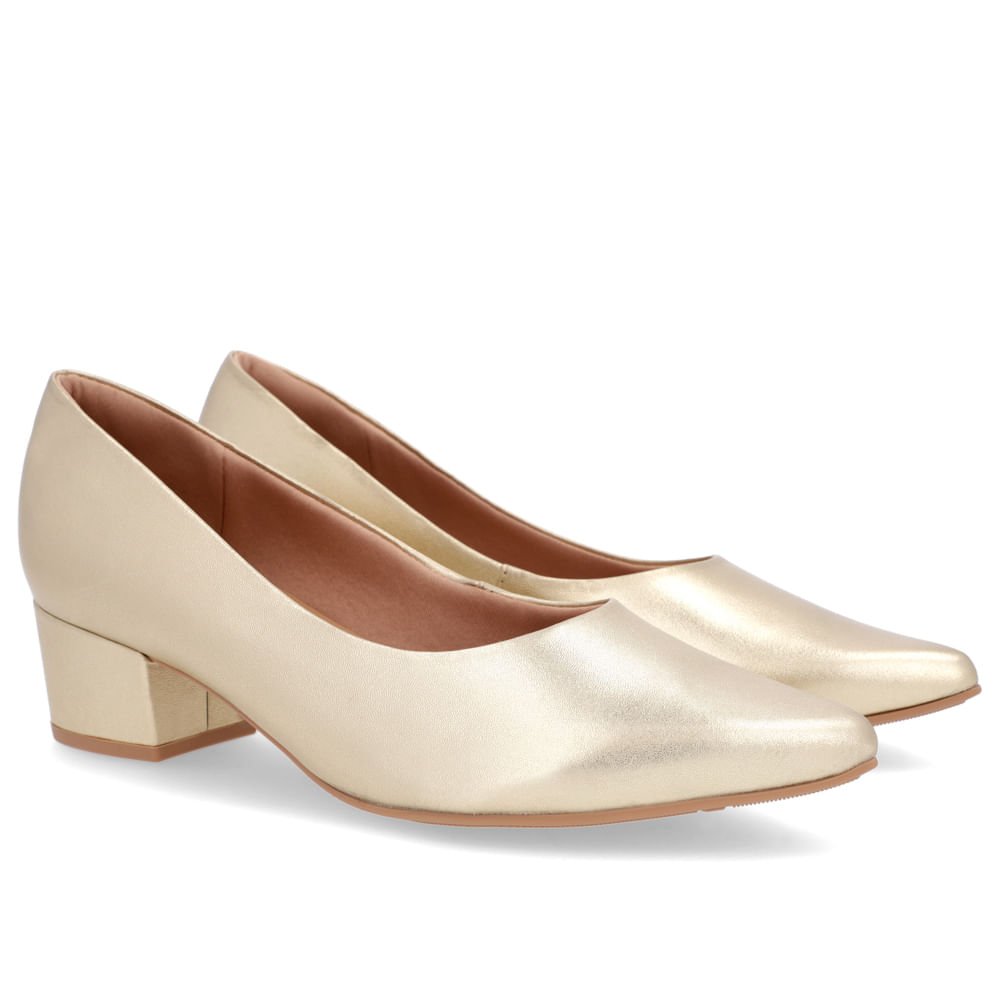 Scarpin Bico Fino Couro Metalizado Salto Bloco Dourado 2