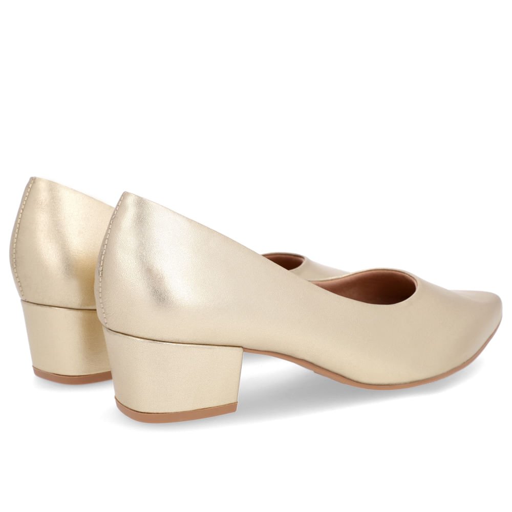 Scarpin Bico Fino Couro Metalizado Salto Bloco Dourado 3
