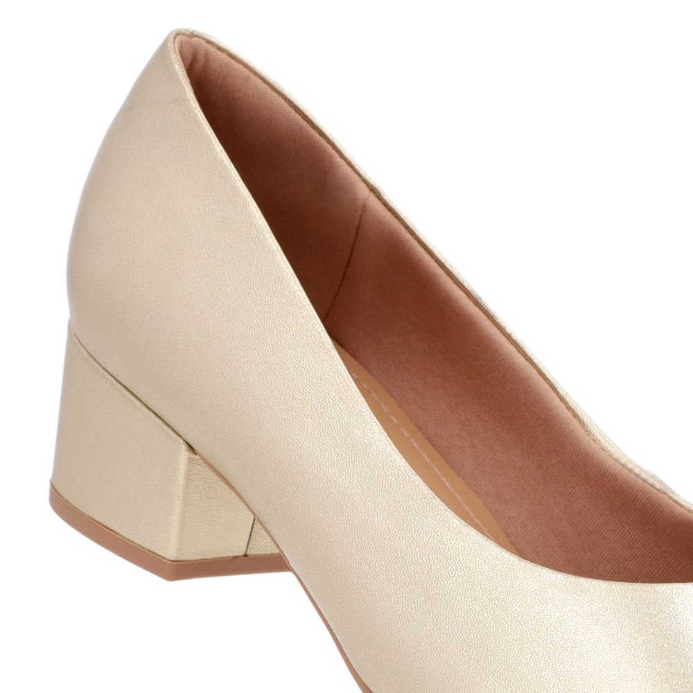 Scarpin Bico Fino Couro Metalizado Salto Bloco Dourado 4
