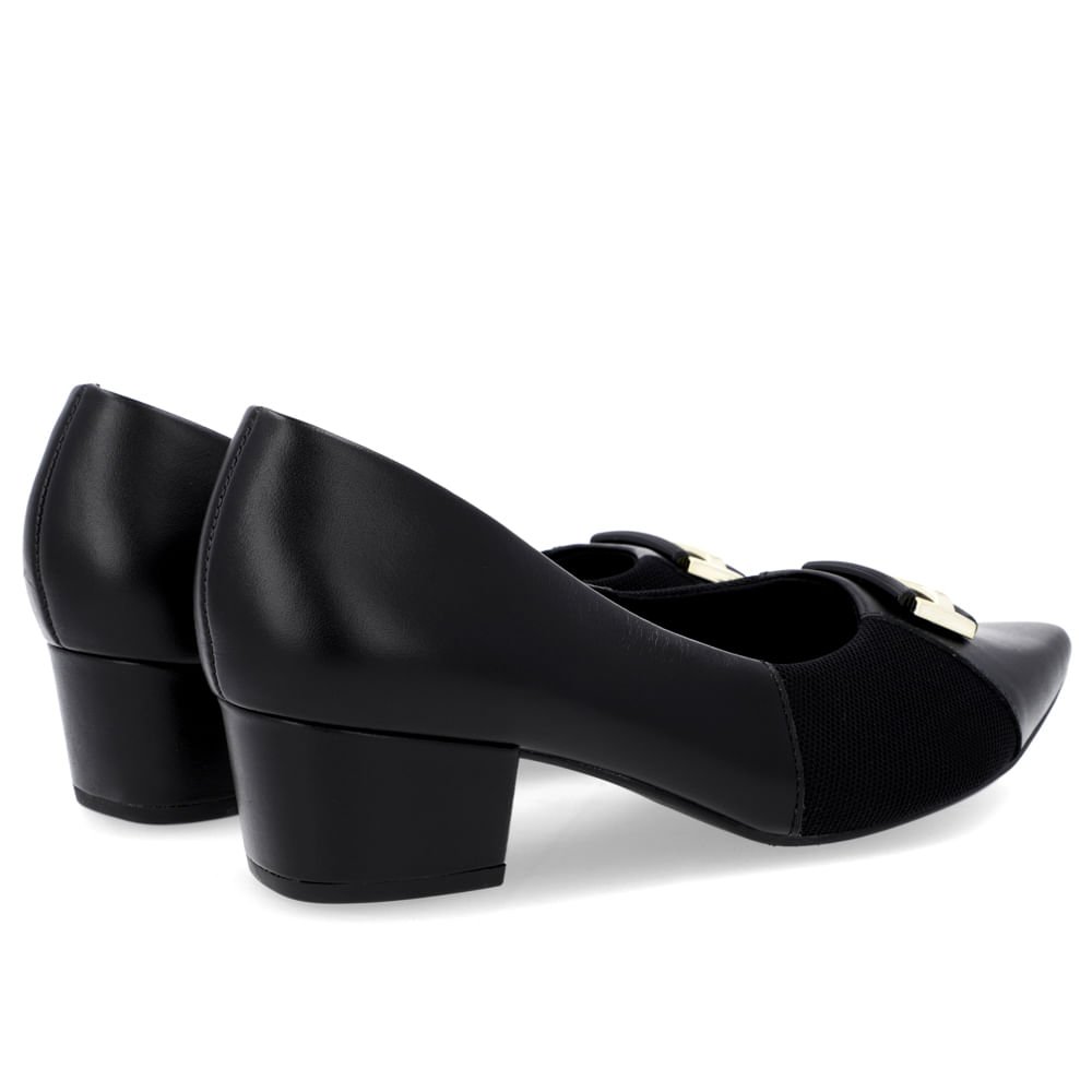 Scarpin Bico Fino Couro Preto Detalhe Tecido Preto 3