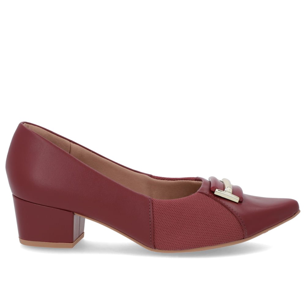 Scarpin Bico Fino Couro Vermelho Detalhe Tecido Bordô 1