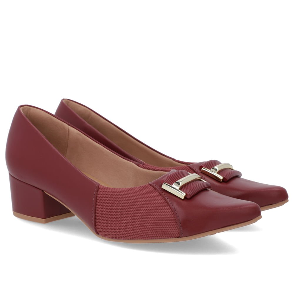 Scarpin Bico Fino Couro Vermelho Detalhe Tecido Bordô 2