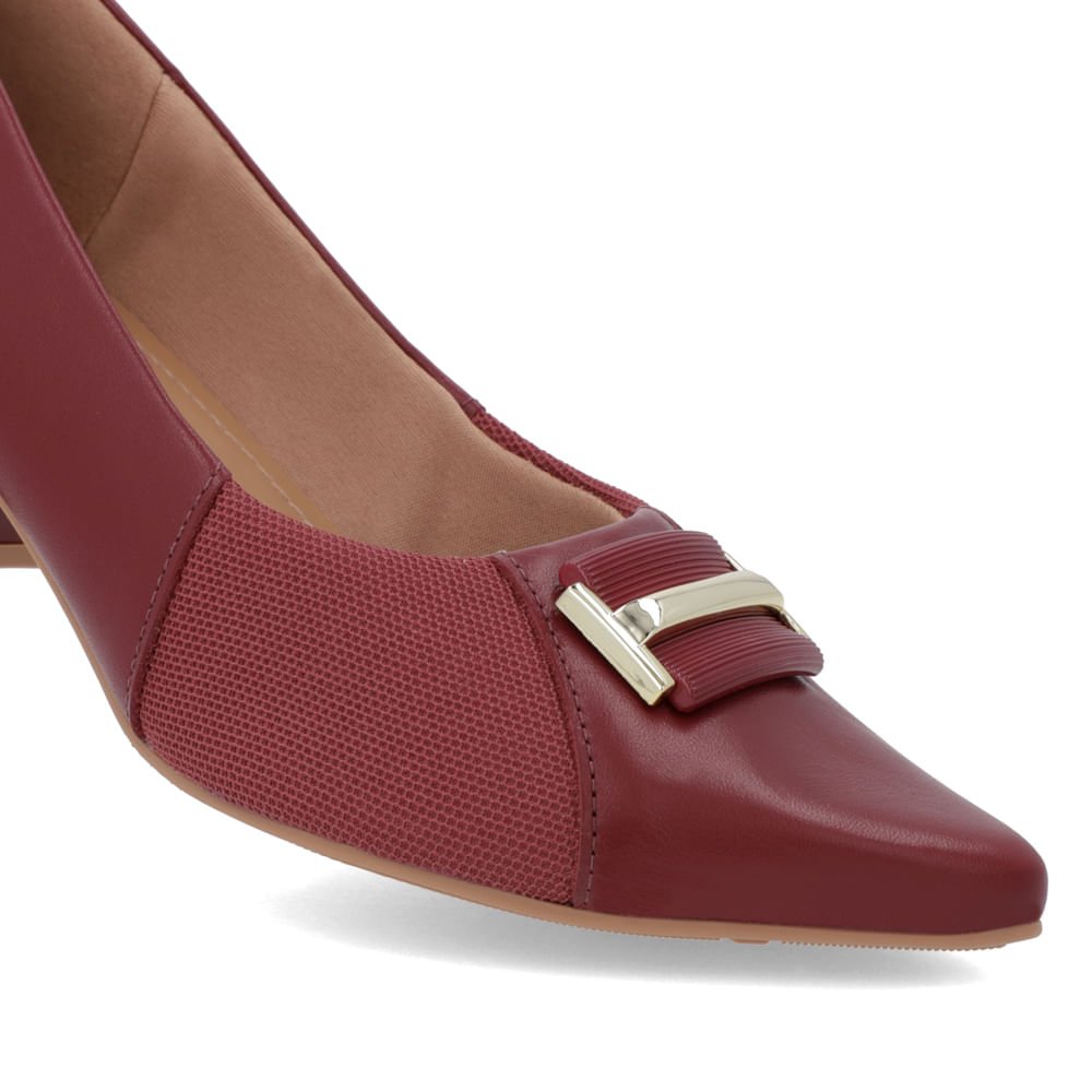 Scarpin Bico Fino Couro Vermelho Detalhe Tecido Bordô 4