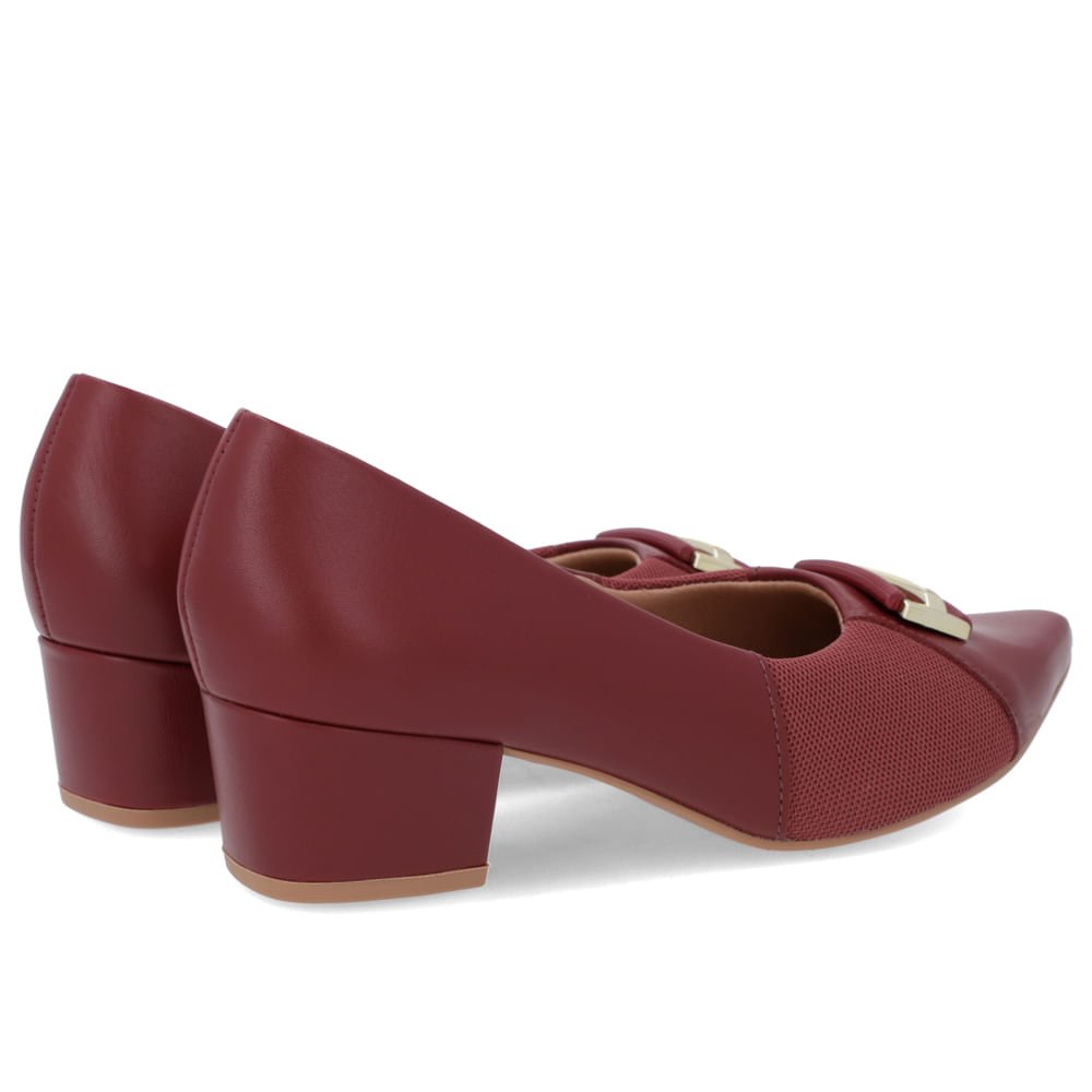 Scarpin Bico Fino Couro Vermelho Detalhe Tecido Bordô 3