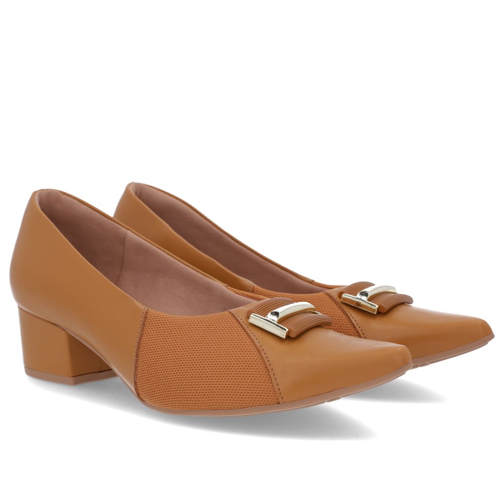 Scarpin Bico Fino Couro Marrom Detalhe Tecido Marrom 2