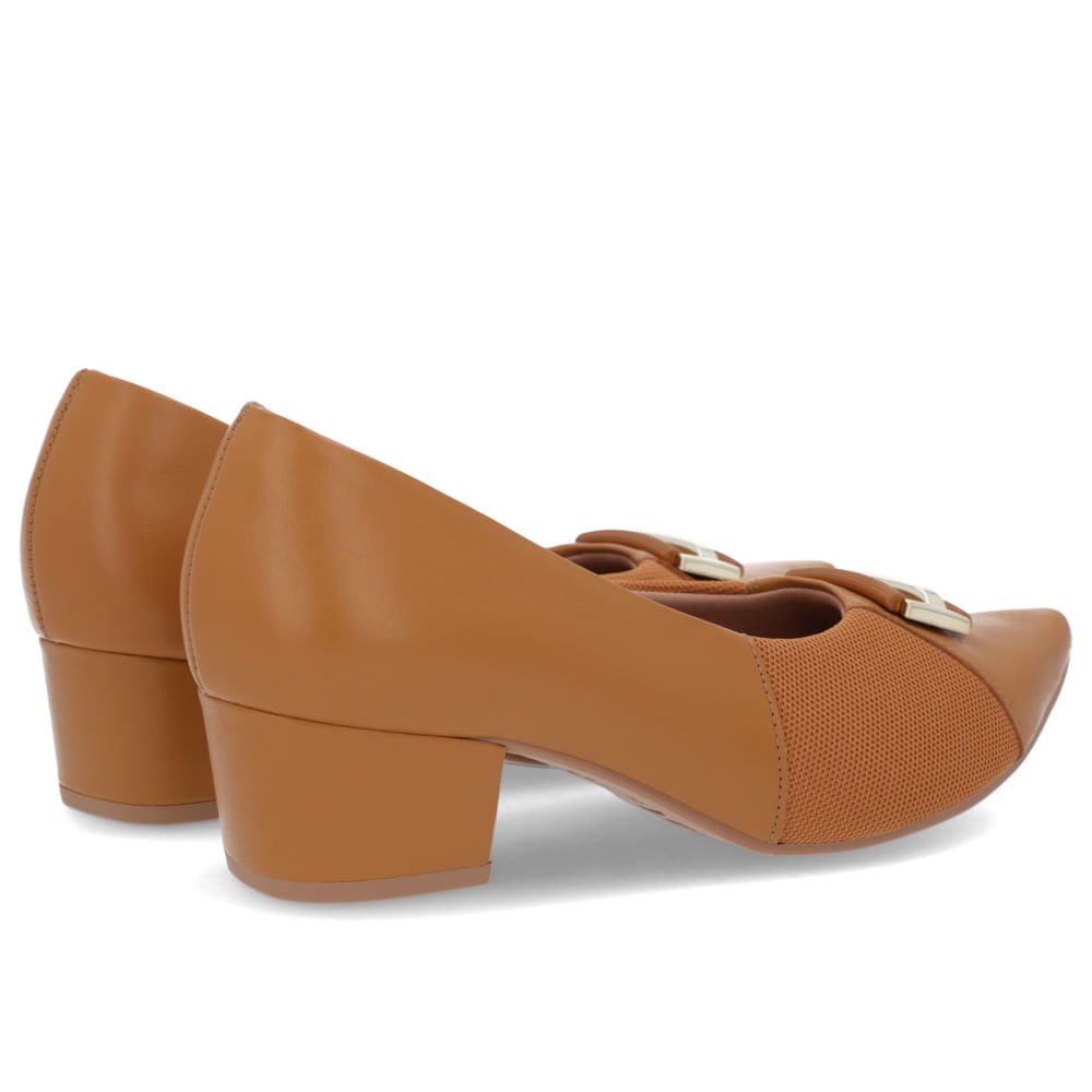 Scarpin Bico Fino Couro Marrom Detalhe Tecido Marrom 3