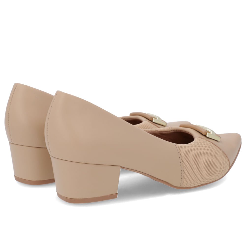 Scarpin Bico Fino Couro Bege Detalhe Tecido Bege 3