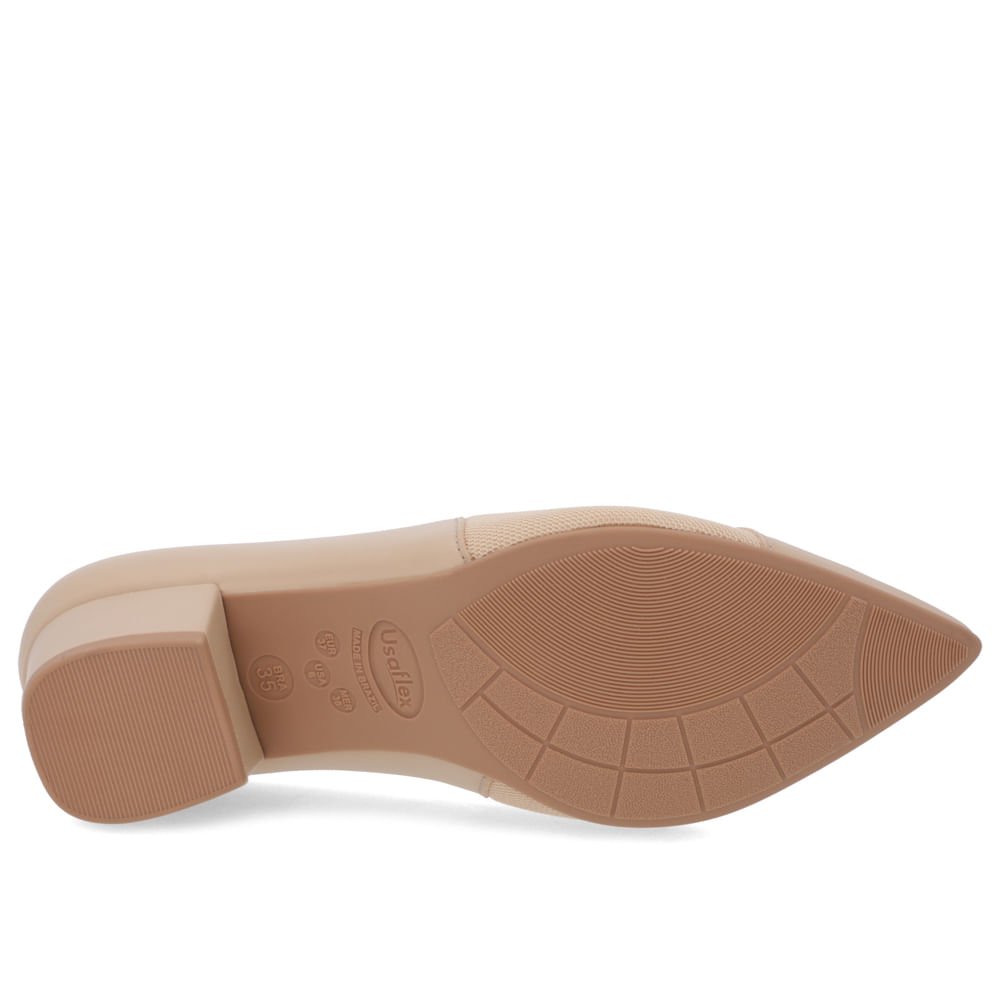 Scarpin Bico Fino Couro Bege Detalhe Tecido Bege 5
