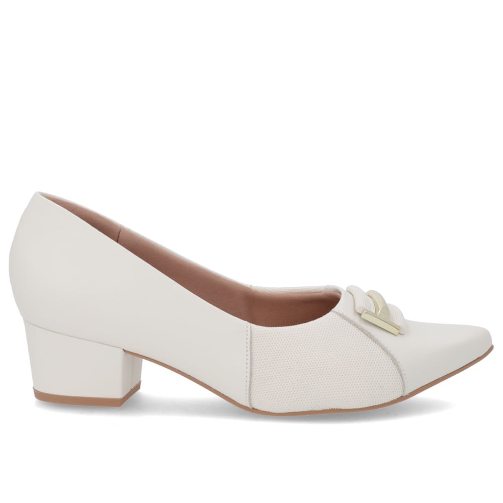 Scarpin Bico Fino Couro Branco Detalhe Tecido