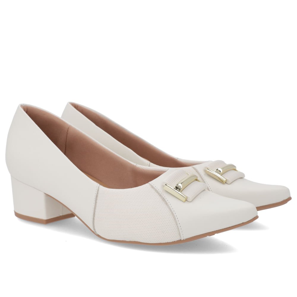 Scarpin Bico Fino Couro Branco Detalhe Tecido Branco 2