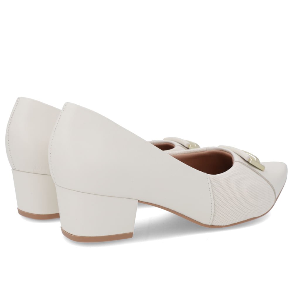 Scarpin Bico Fino Couro Branco Detalhe Tecido Branco 3