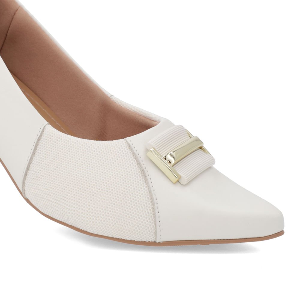 Scarpin Bico Fino Couro Branco Detalhe Tecido Branco 4