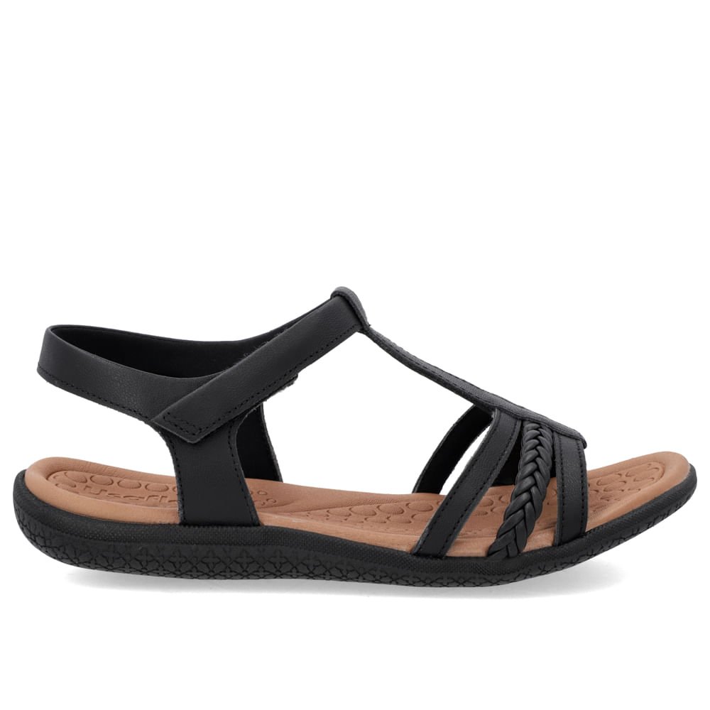 Sandália Salto Baixo Tiras Couro Preta Fecho-Flex