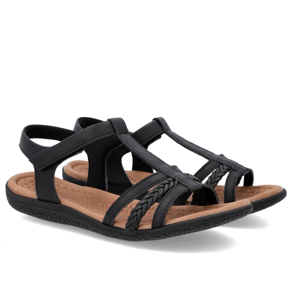 Sandália Salto Baixo Tiras Couro Preta Fecho-Flex Preto 2