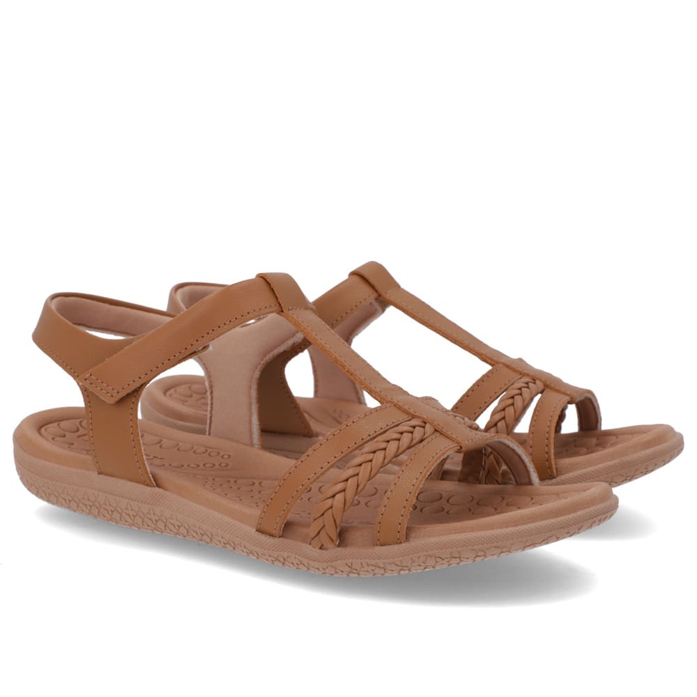 Sandália Salto Baixo Tiras Couro Marrom Fecho-Flex Marrom 2