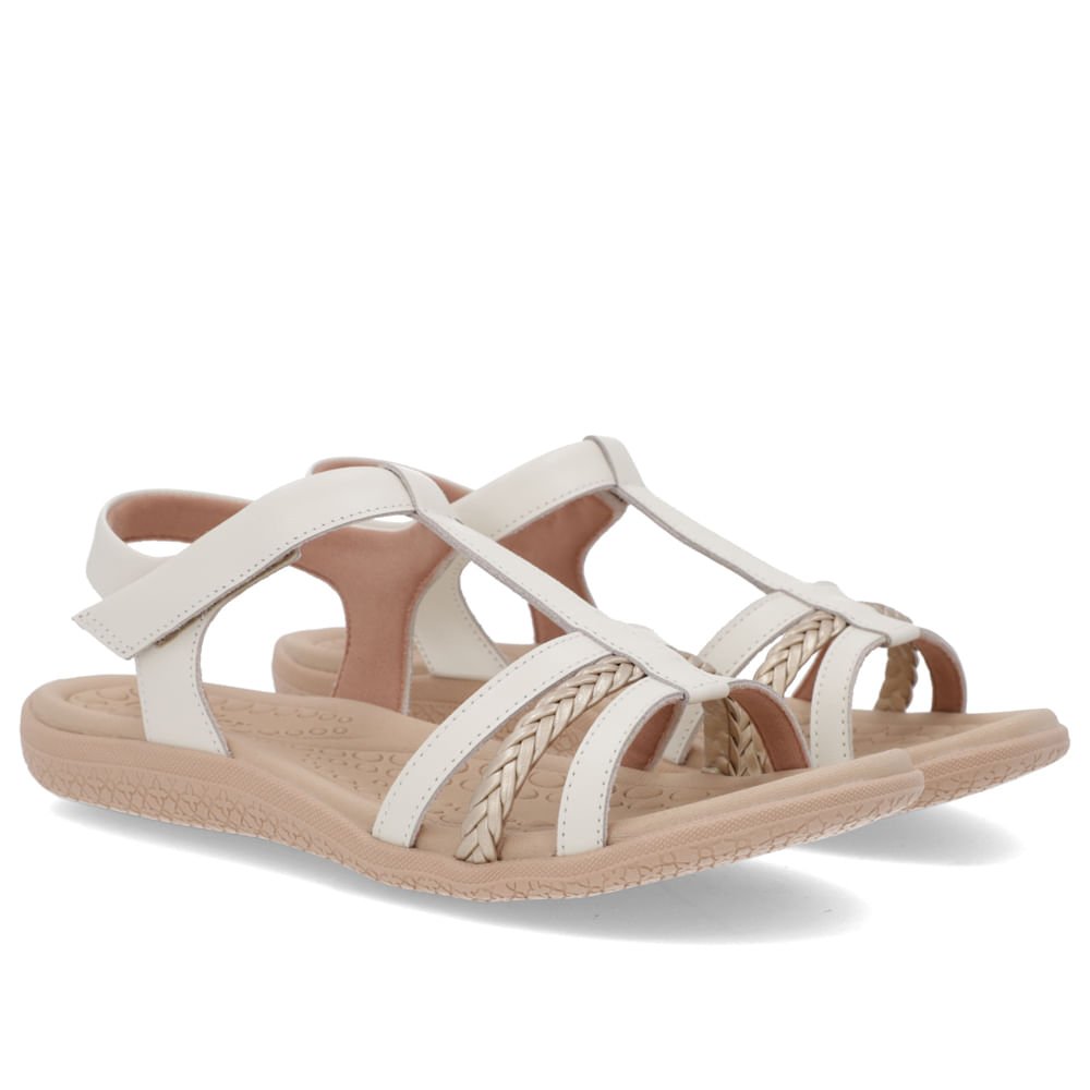 Sandália Salto Baixo Tiras Couro Branca Fecho-Flex Branco 2