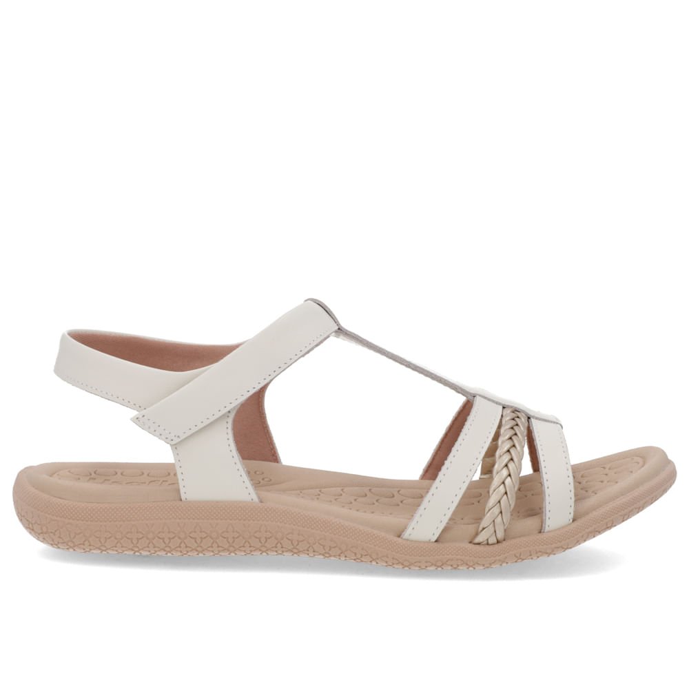 Sandália Salto Baixo Tiras Couro Branca Fecho-Flex