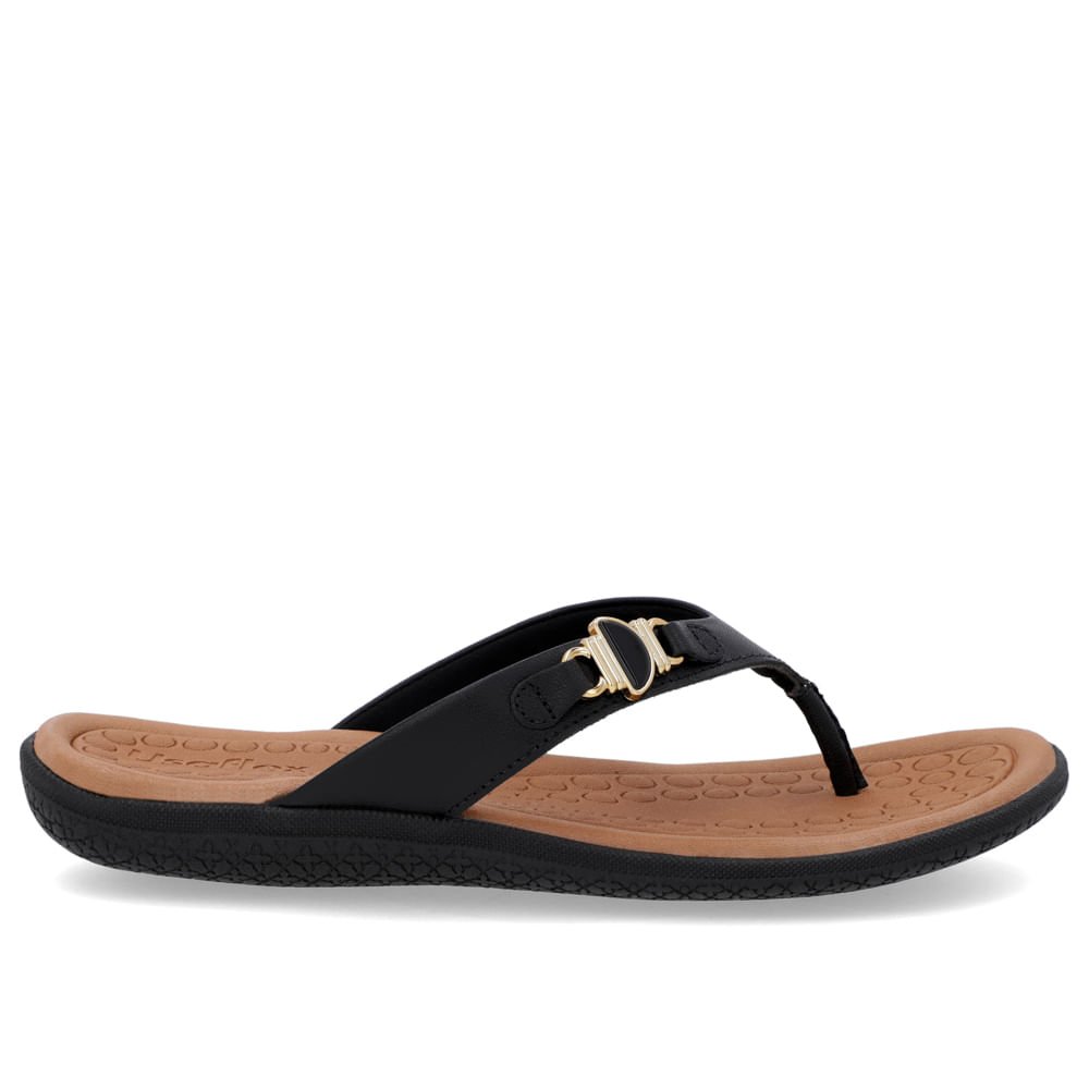 Chinelo Salto Baixo Couro Preto Enfeite