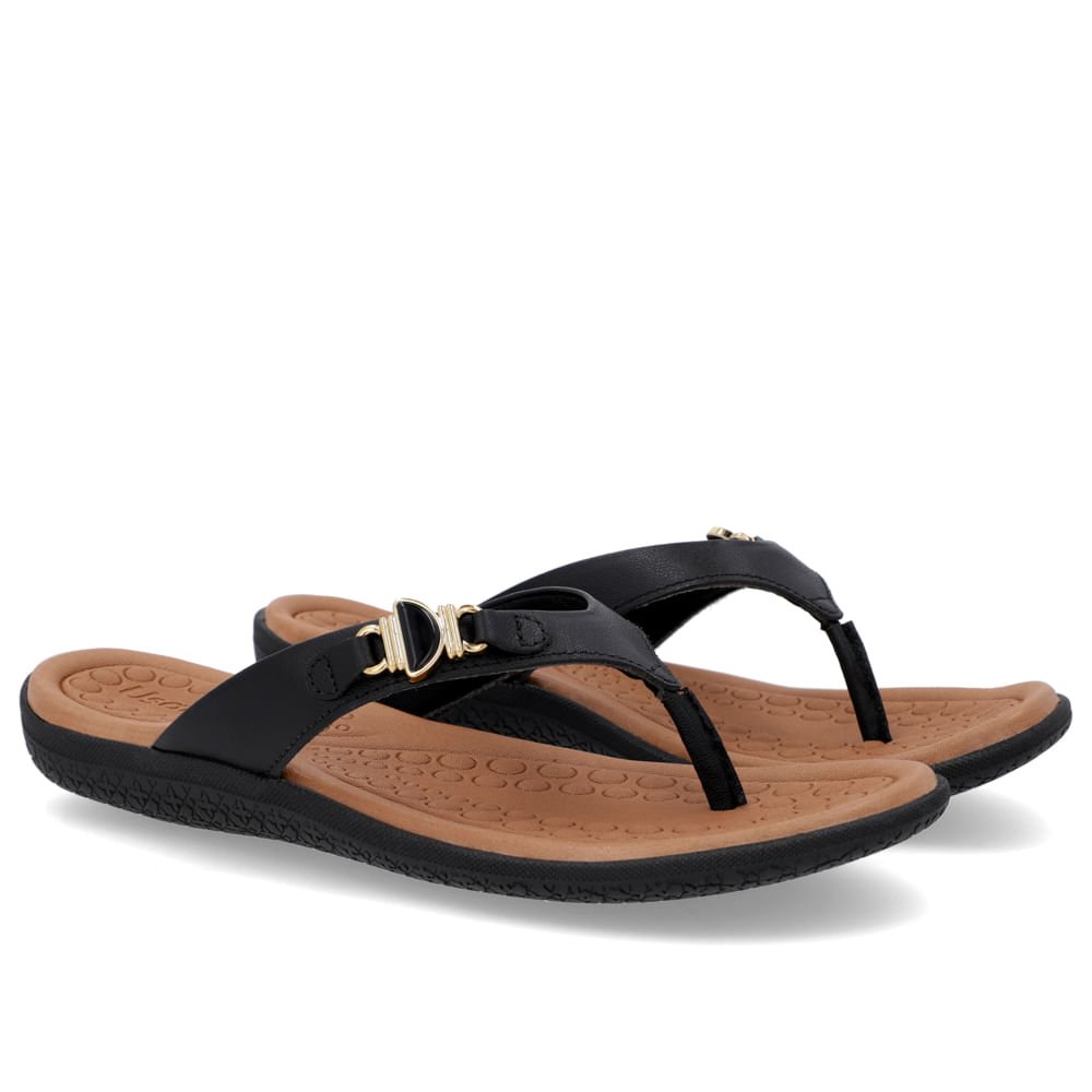 Chinelo Salto Baixo Couro Preto Enfeite Preto 2