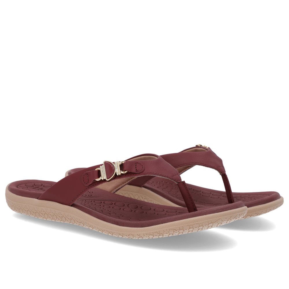 Chinelo Salto Baixo Couro Vermelho Enfeite Bordô 2