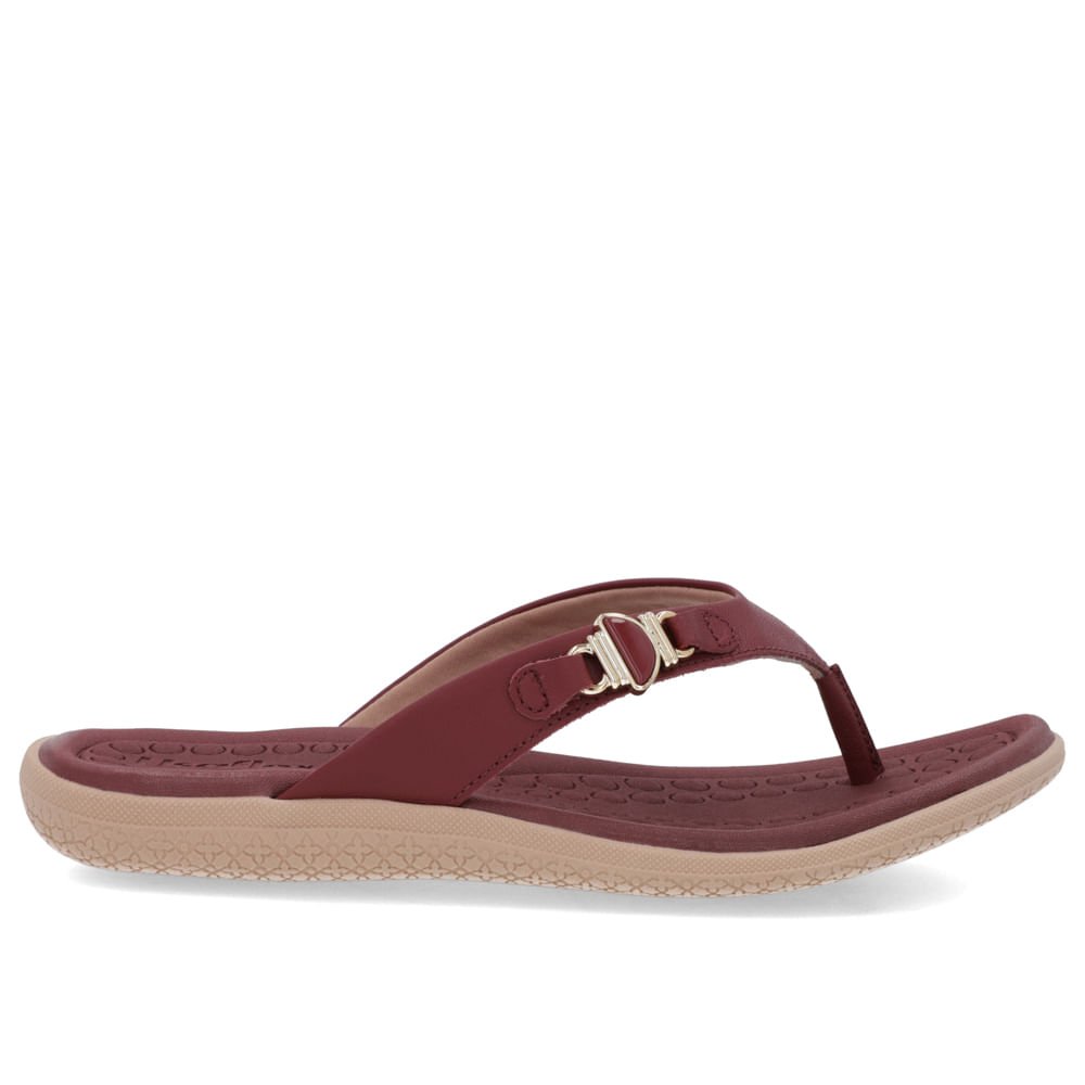 Chinelo Salto Baixo Couro Vermelho Enfeite