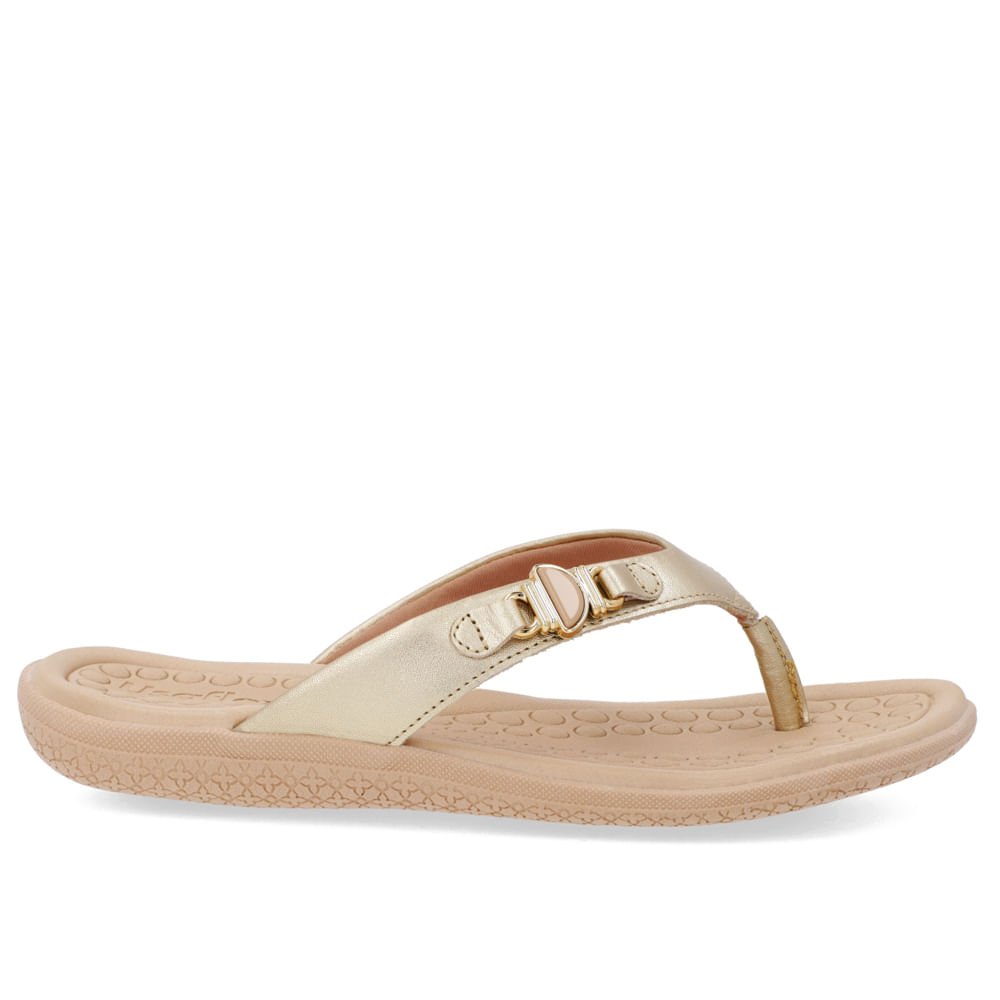 Chinelo Salto Baixo Couro Dourado Enfeite