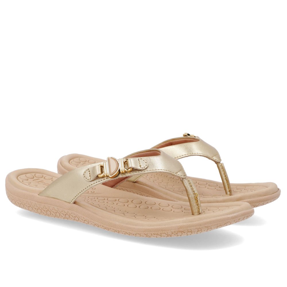 Chinelo Salto Baixo Couro Dourado Enfeite Dourado 2