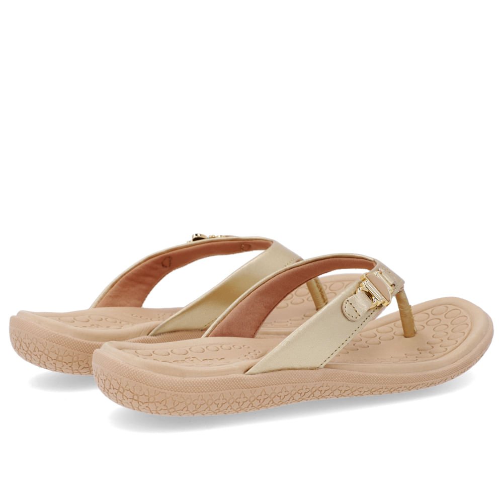 Chinelo Salto Baixo Couro Dourado Enfeite Dourado 3