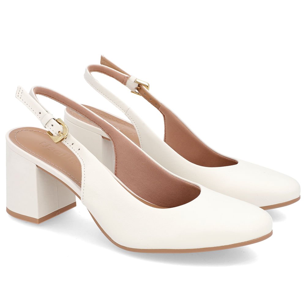 Slingback Branco Marfim Salto Bloco Couro Branco 2