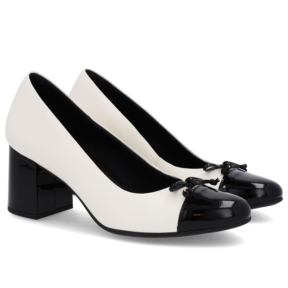 Scarpin Salto Bloco Couro Branco Marfim Bico Verniz Preto Branco 2