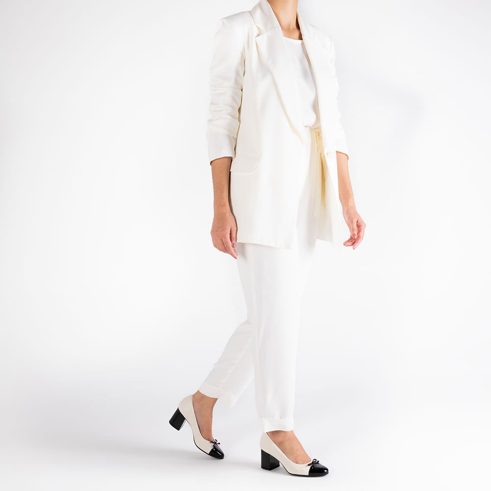 Scarpin Salto Bloco Couro Branco Marfim Bico Verniz Preto Branco 4