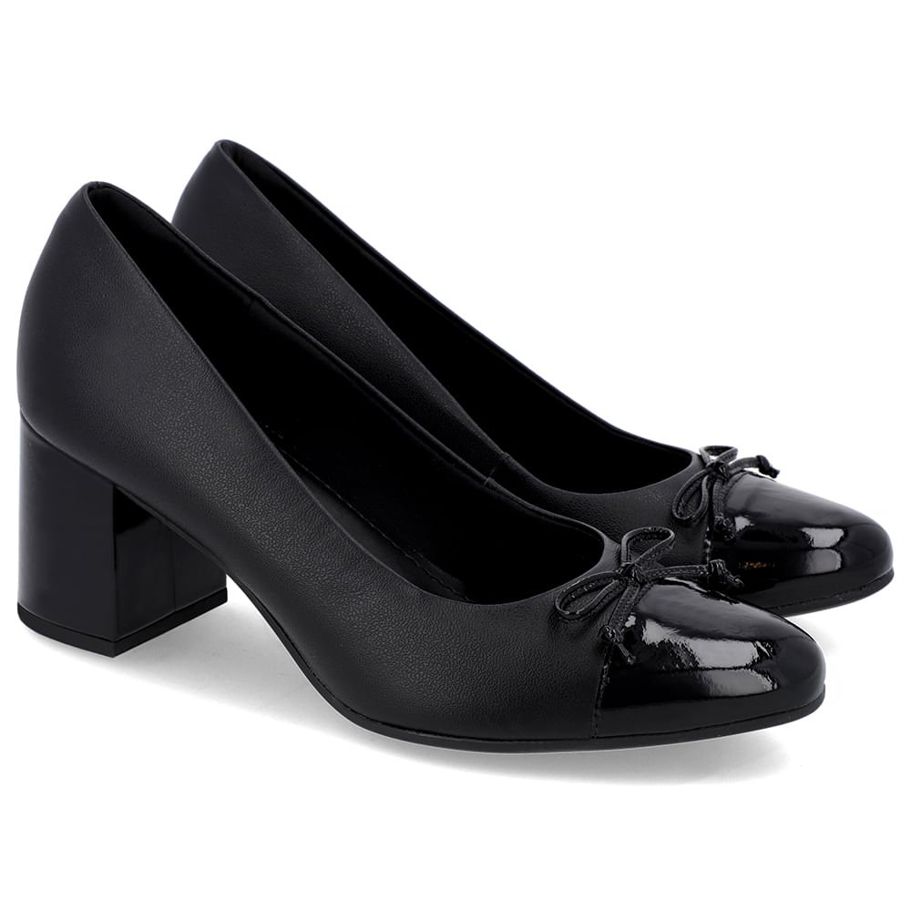 Scarpin Salto Bloco Couro Preto Bico Verniz Preto 2