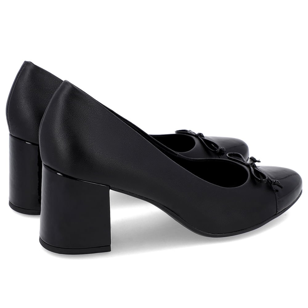 Scarpin Salto Bloco Couro Preto Bico Verniz Preto 3
