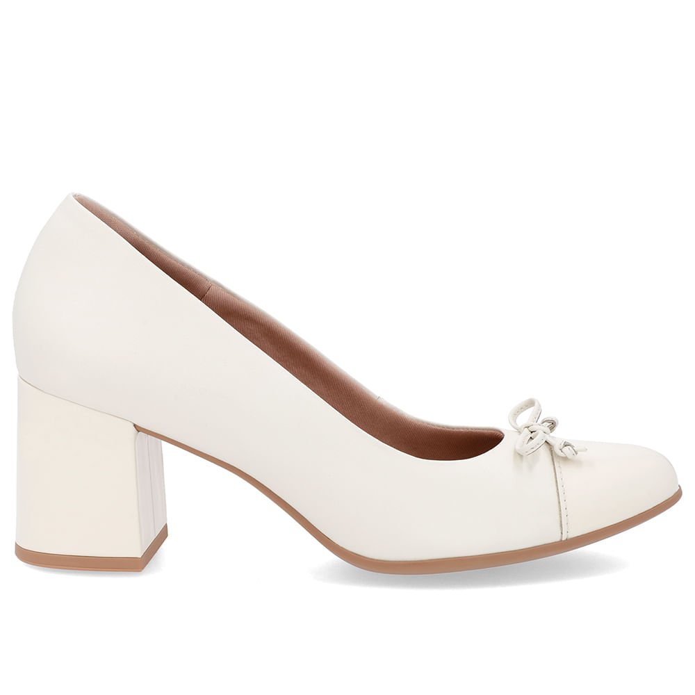 Scarpin Salto Bloco Couro Branco Marfim Bico Verniz