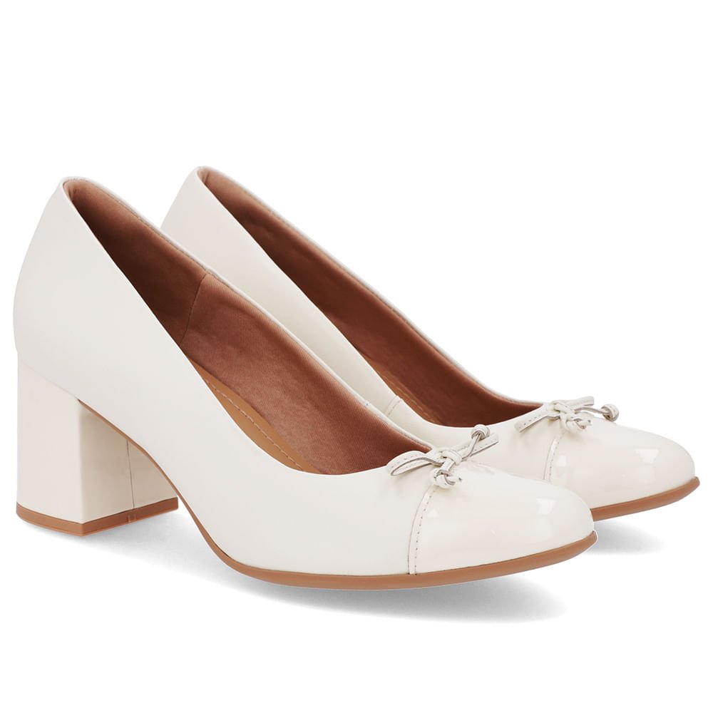 Scarpin Salto Bloco Couro Branco Marfim Bico Verniz Branco 2