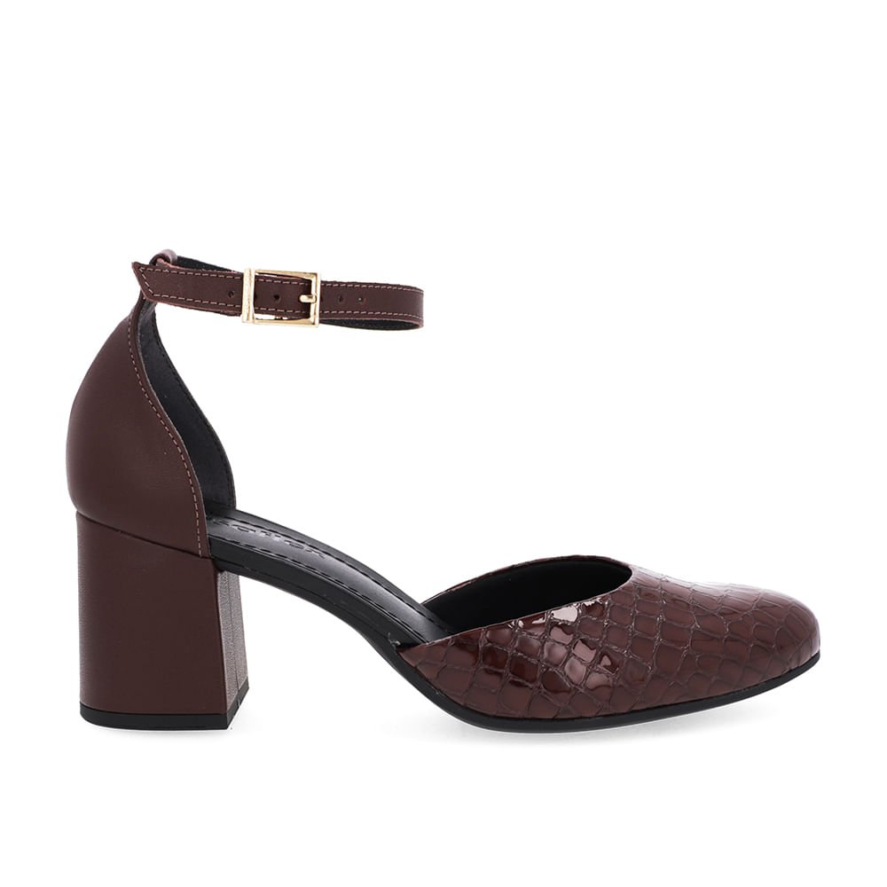 Sapato Boneca Salto Bloco Couro Marrom